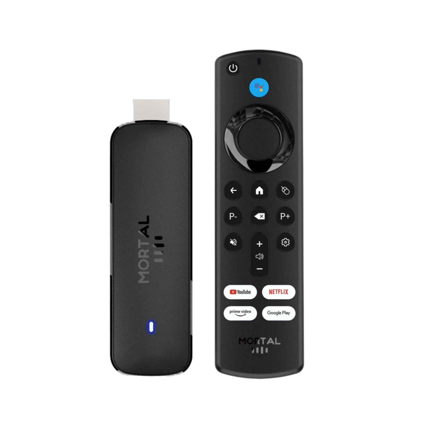 Mortal Android 4K TV stick with remote control on a white background.