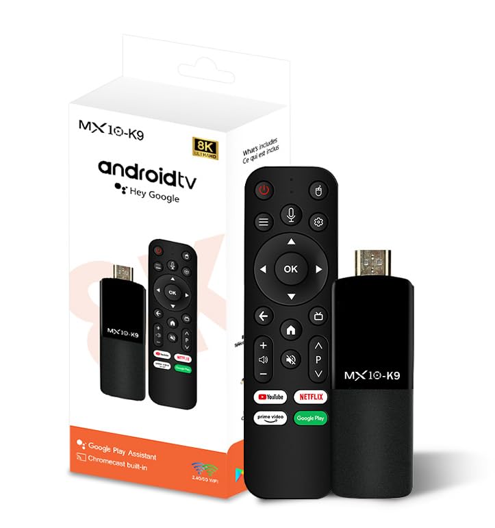 Black Android TV stick with remote control and packaging on a white background