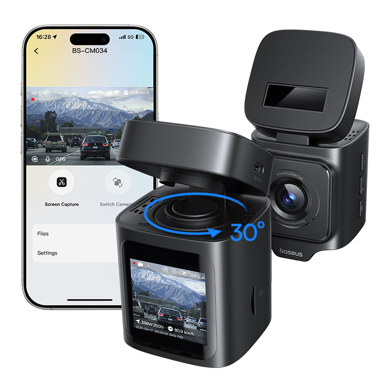 Black car dashboard camera with smartphone displaying app interface on a white background