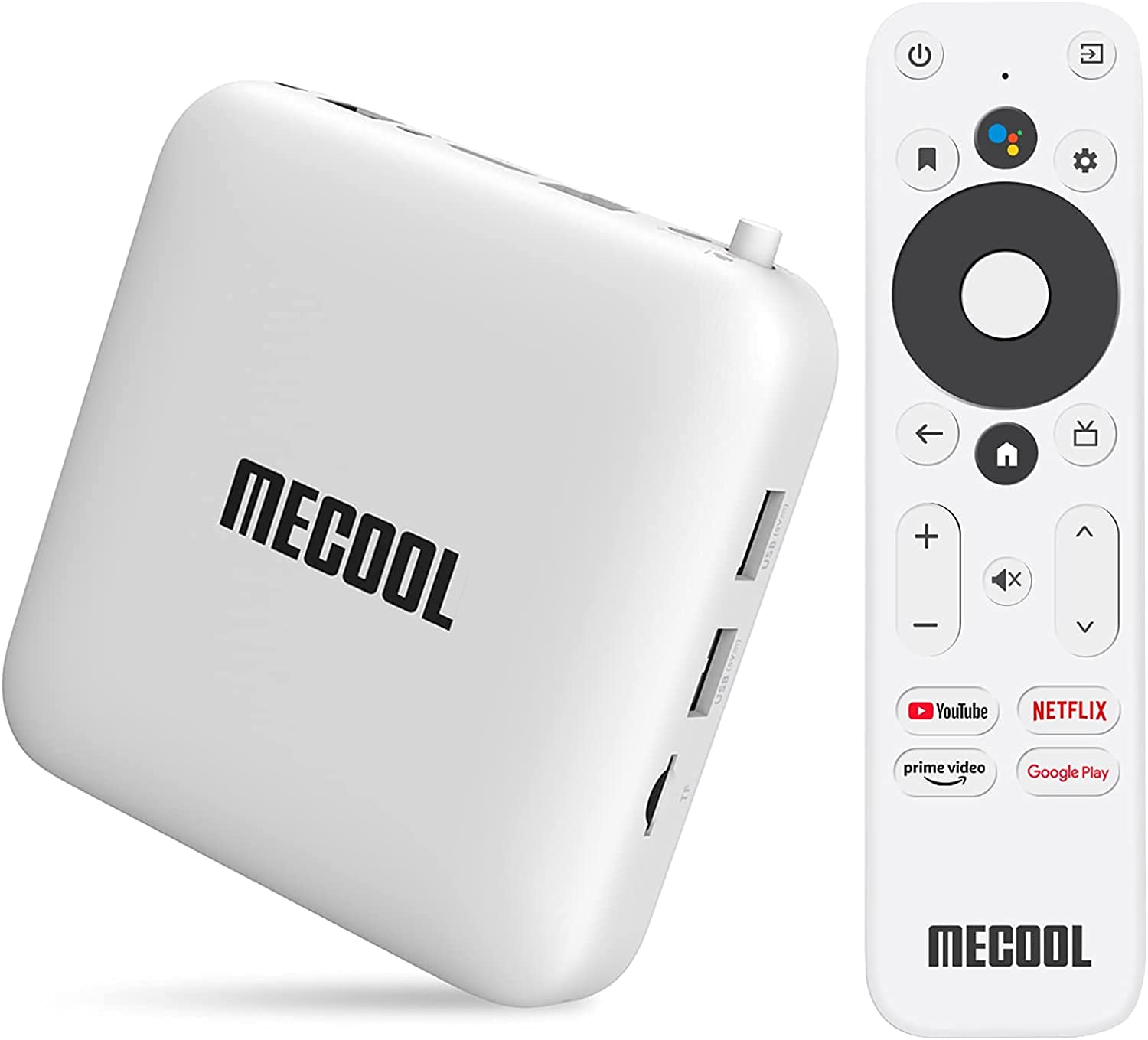 MECOOL TV stick and remote control on a white background