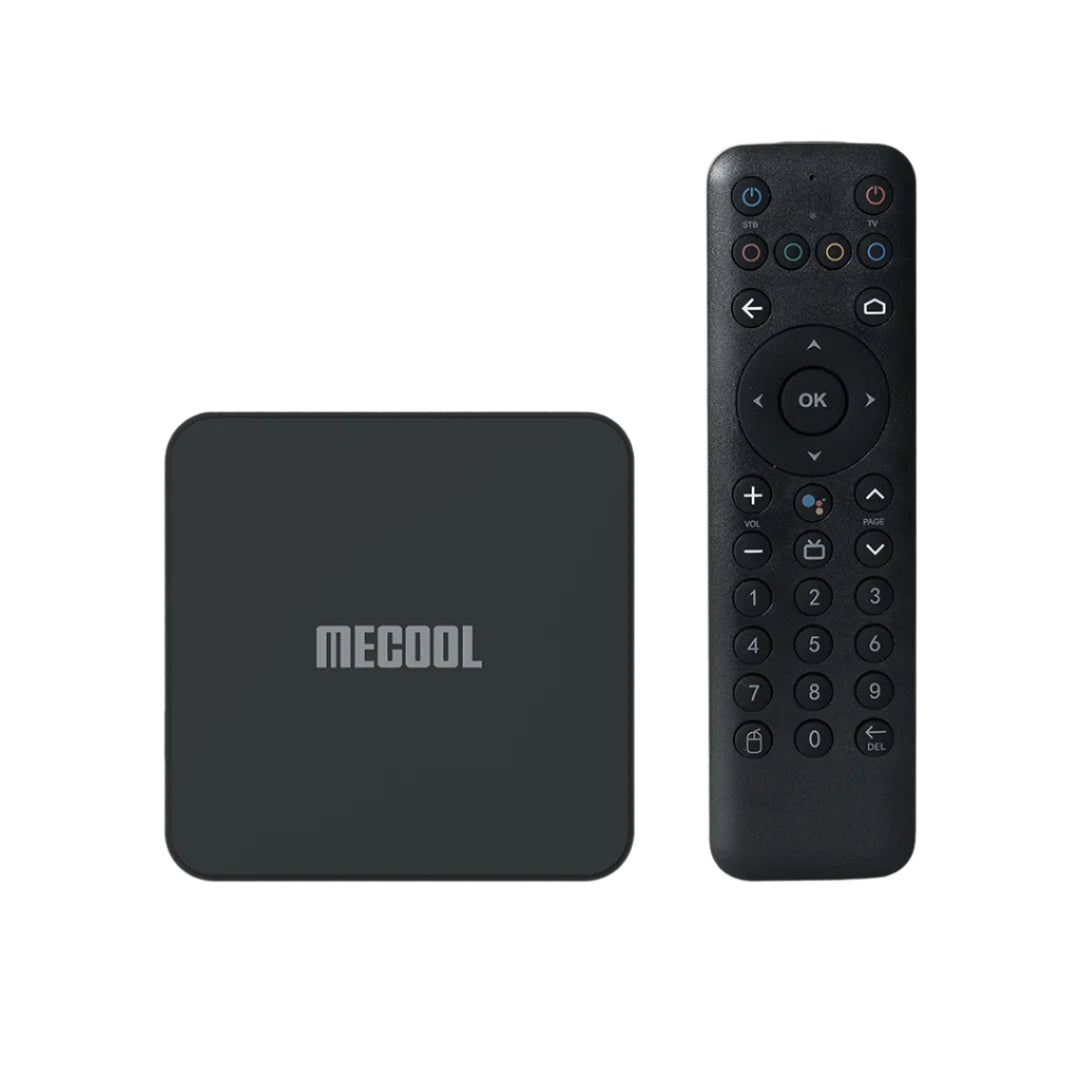 Black MECOOL device and remote control on a light gray background