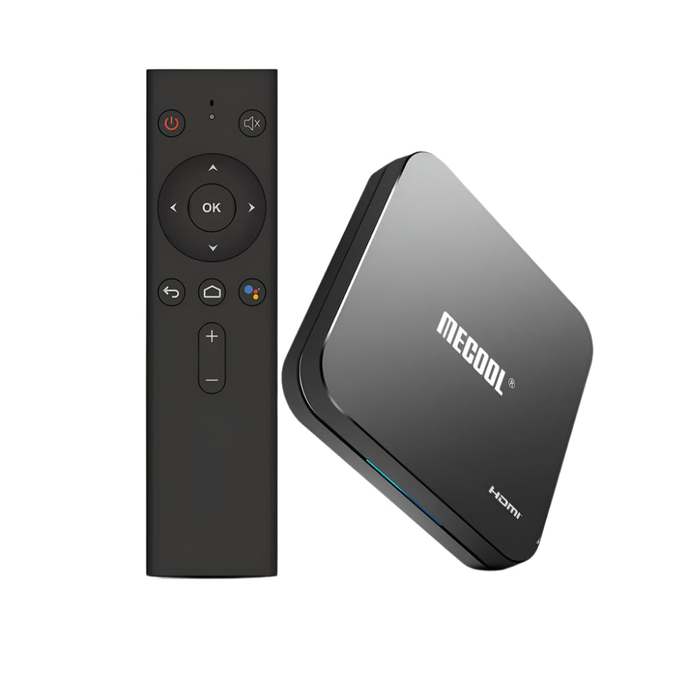 MECOOL Android TV stick and remote control on a white background