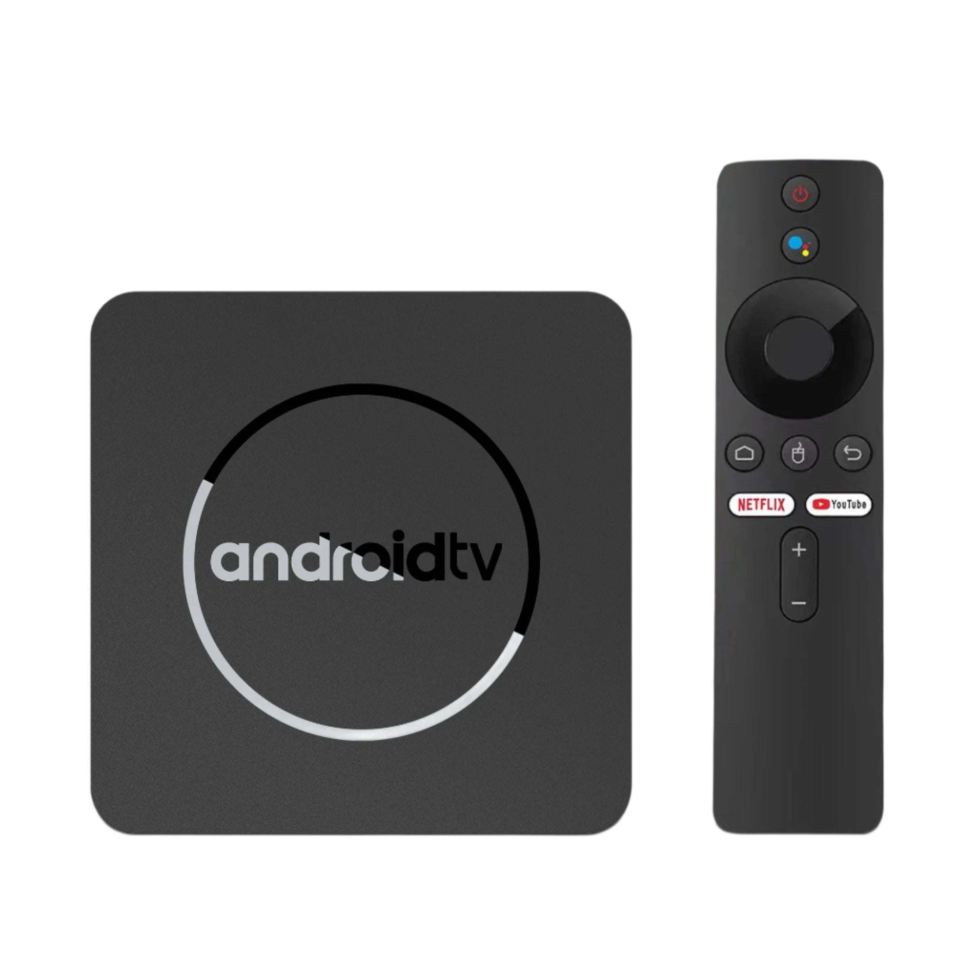 Android TV box with remote control on a white background.