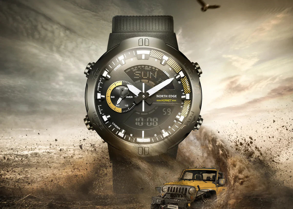 Wristwatch with desert and vehicle background, featuring 'North Edge Hornet' branding.