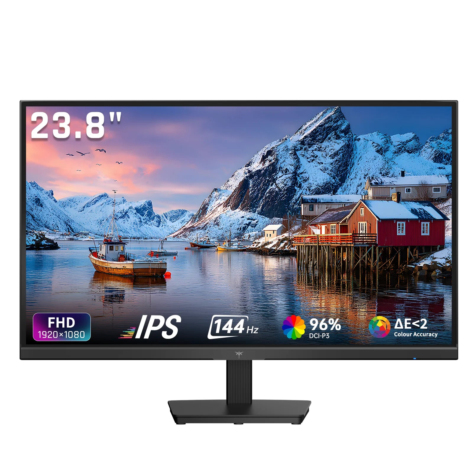 Monitor with a scenic display of a mountain village and boat, featuring technical specifications on a white background.