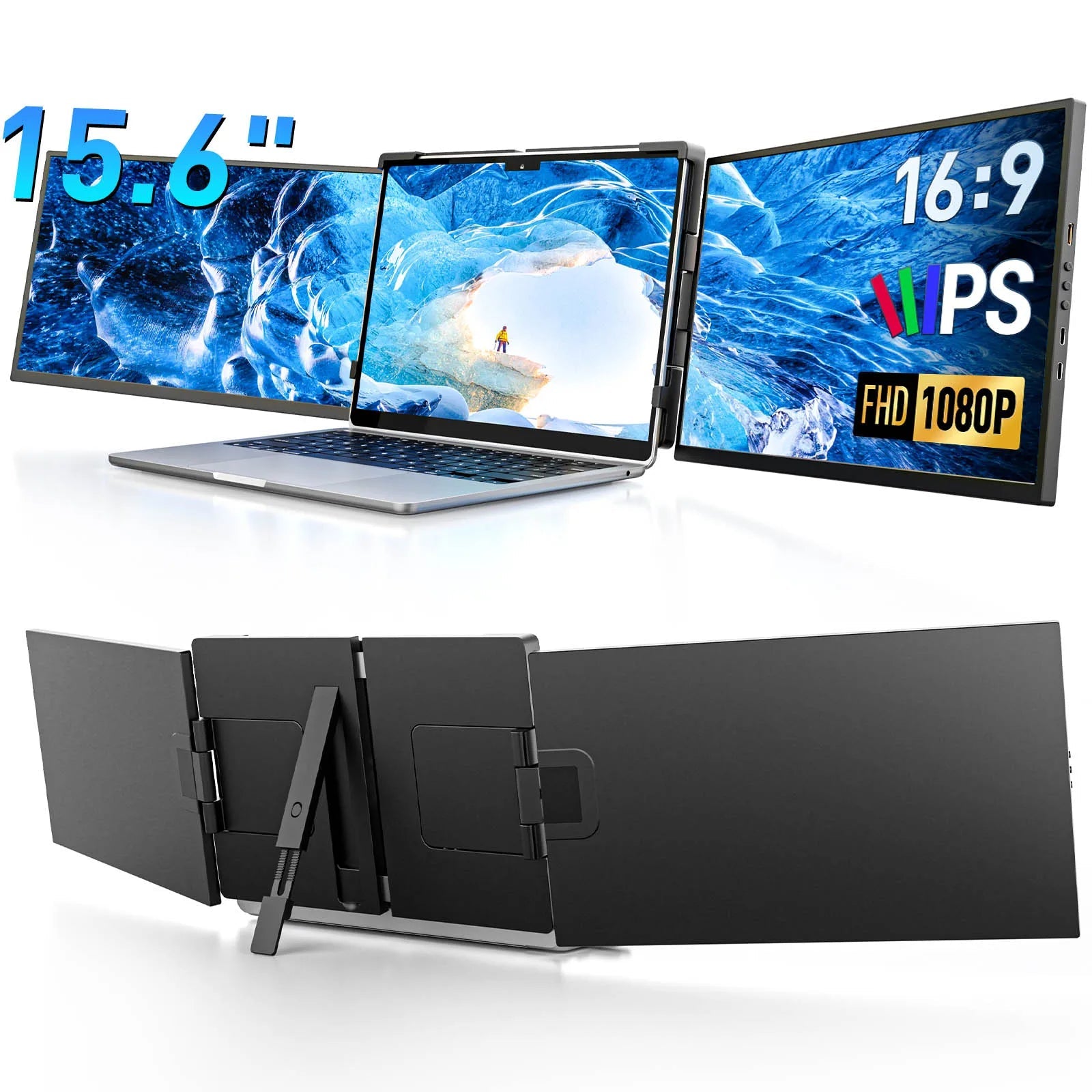 Laptop with a screen extension device displaying '15.6"' and '16:9' on a white background.