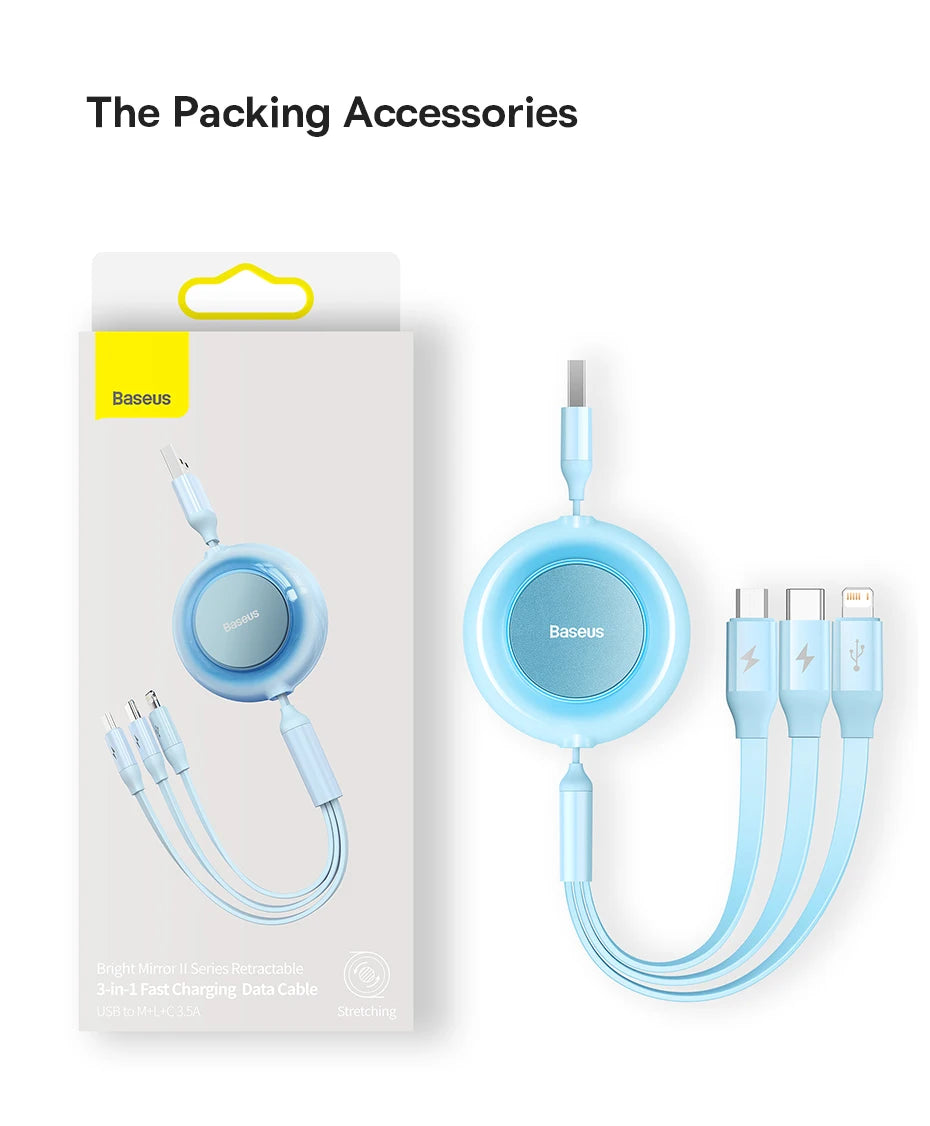 BASEUS Bright Mirror Series 3in1 Retractable USB Charging Cable