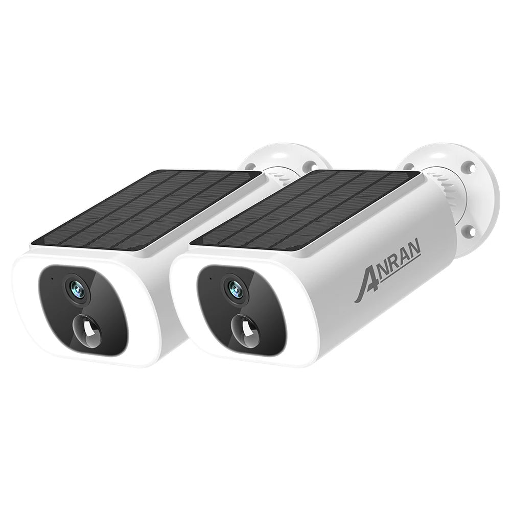Two solar-powered security cameras with ANRAN branding on a white background