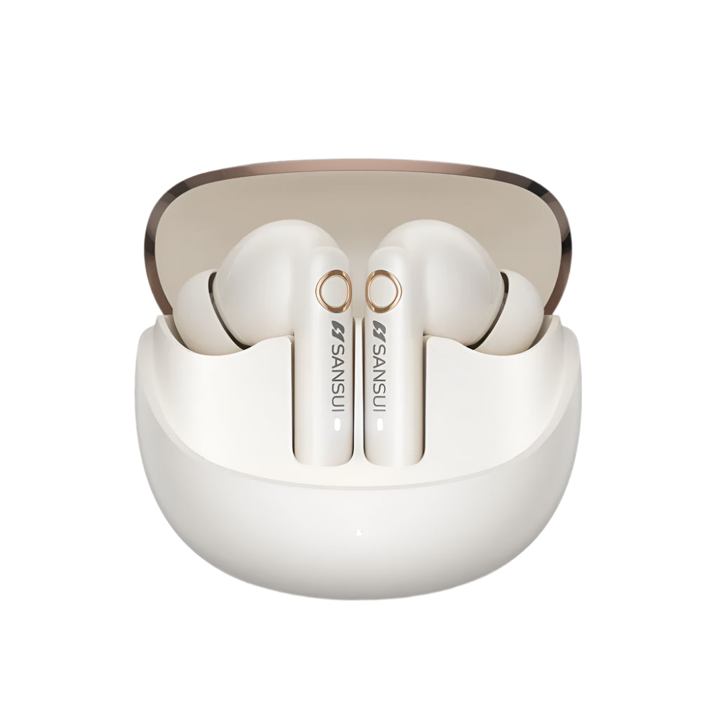 Sansui wireless earbuds in a charging case on a white background