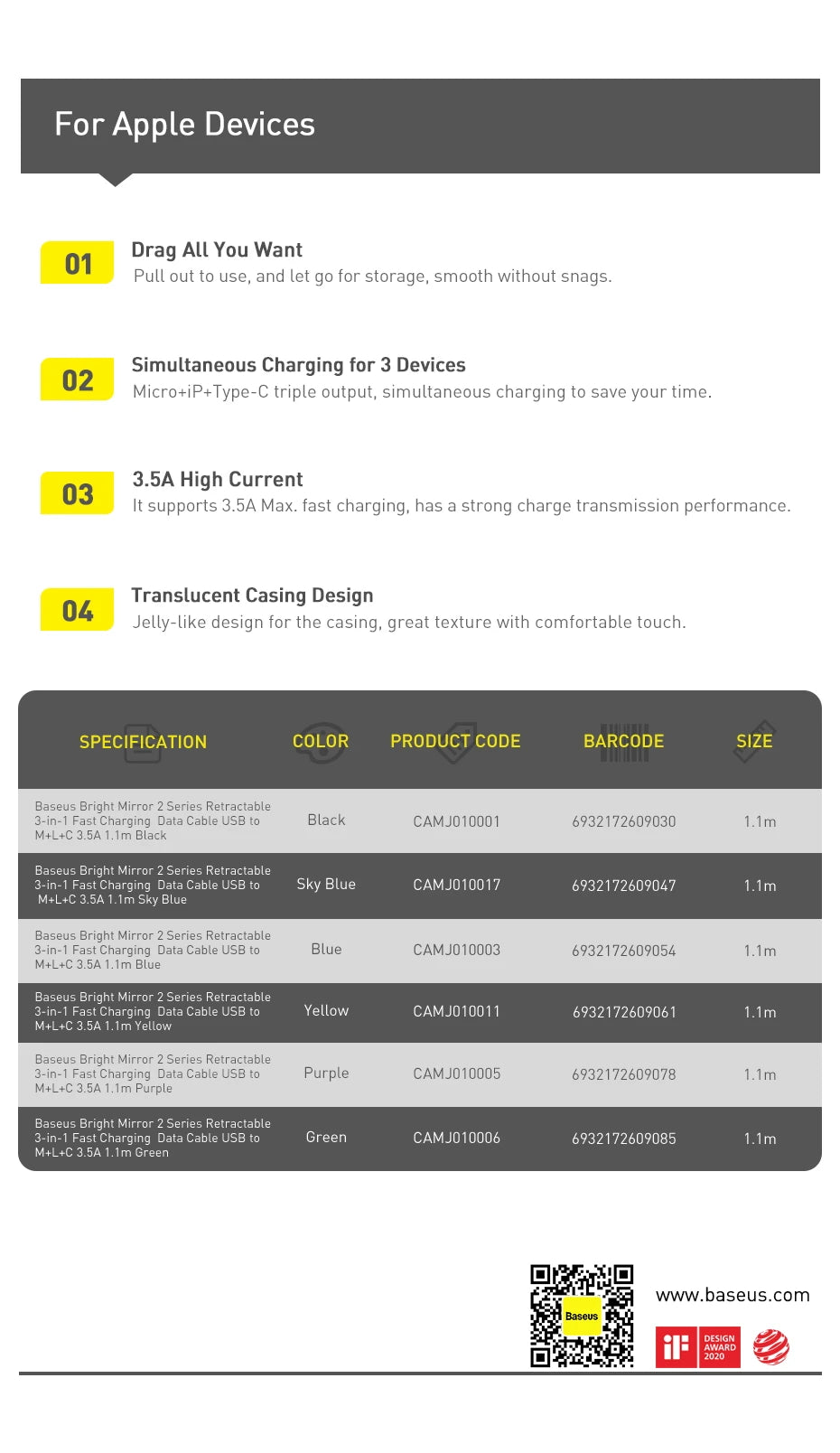 BASEUS Bright Mirror Series 3in1 Retractable USB Charging Cable