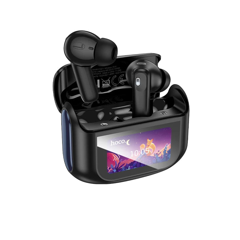 True wireless earbuds with charging case and touch screen display on a white background, featuring the hoco brand.
