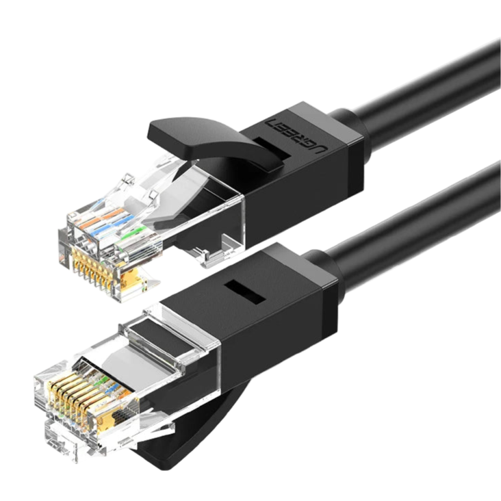 Black Ethernet cable with clear connectors on a white background, featuring '1000 Mbps' text.