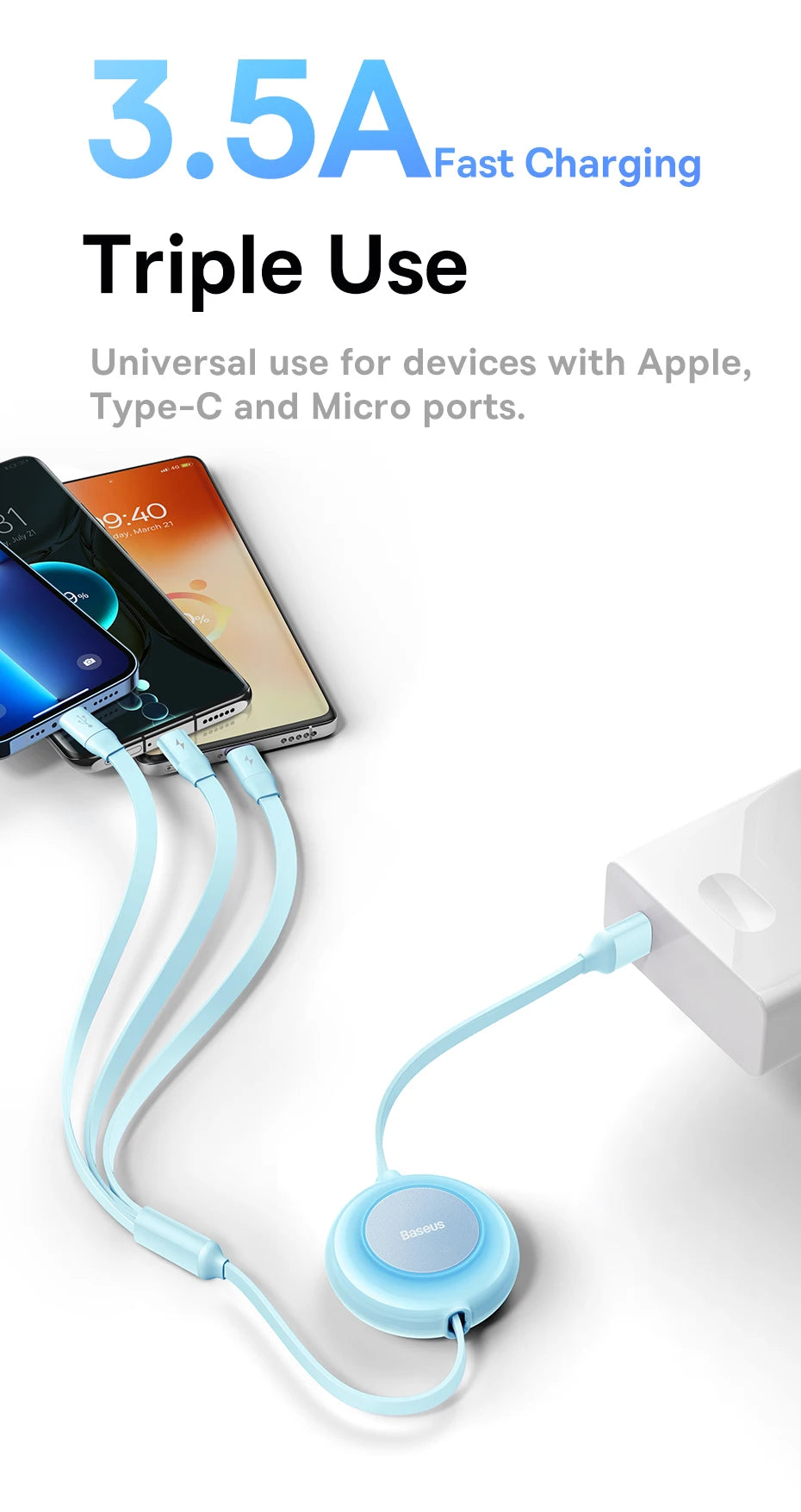 BASEUS Bright Mirror Series 3in1 Retractable USB Charging Cable