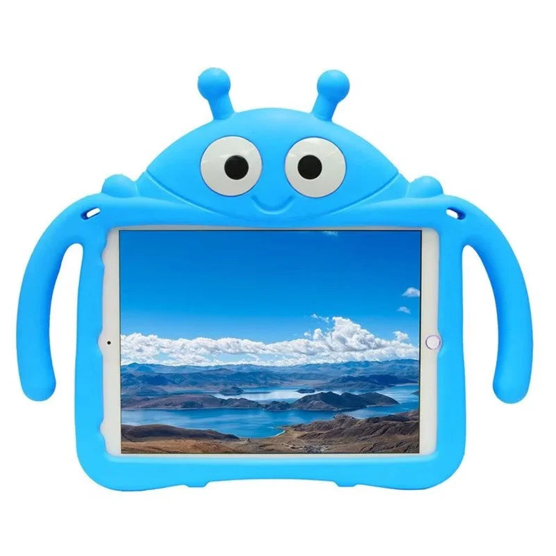 Blue alien-shaped tablet case on a white background
