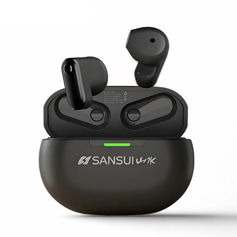 Black wireless earbuds with charging case on a white background, featuring the Sansui logo.