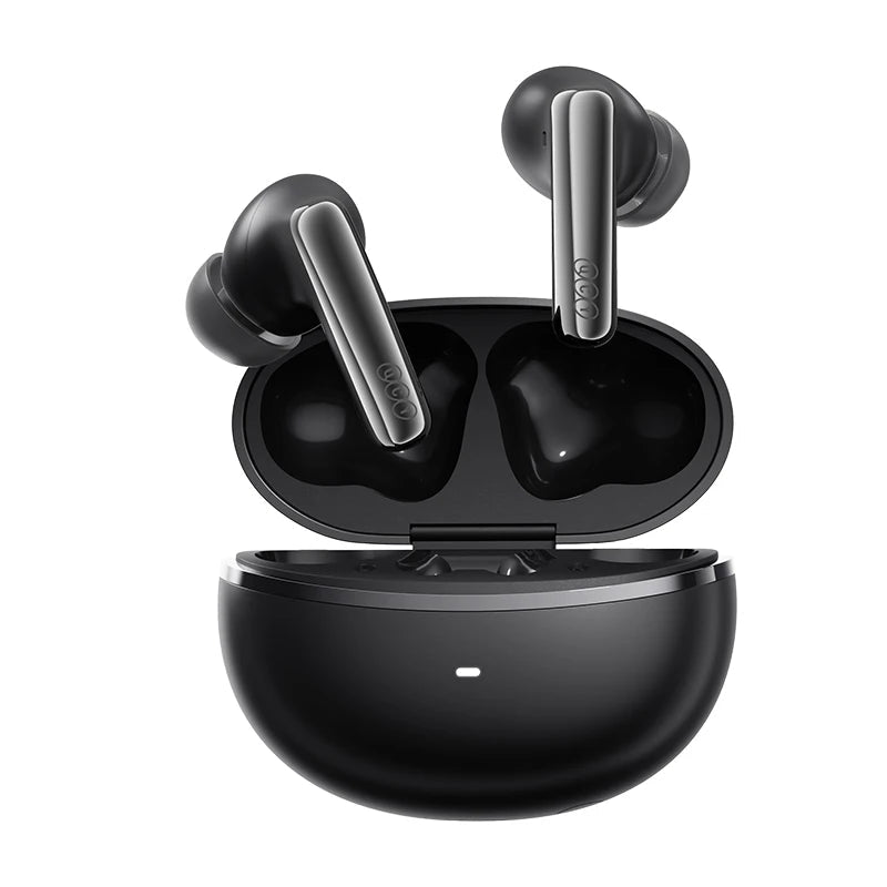 Black wireless earbuds with charging case on a white background, featuring QCY branding and audio quality indicators.