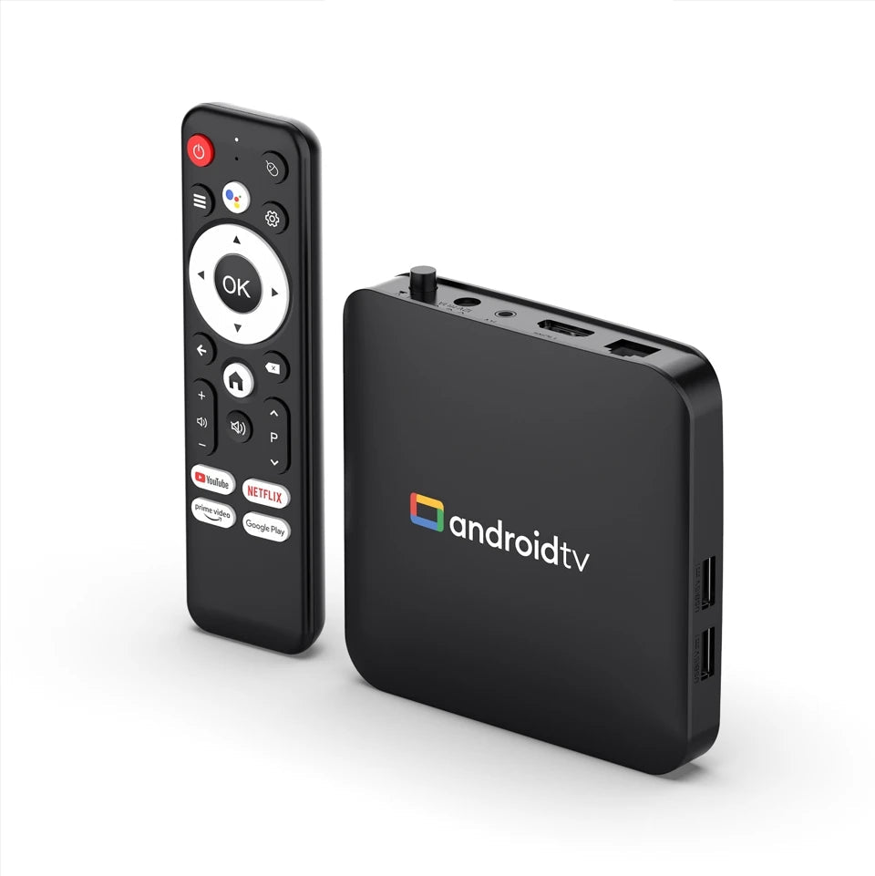 Black Android TV box with remote control on a white background