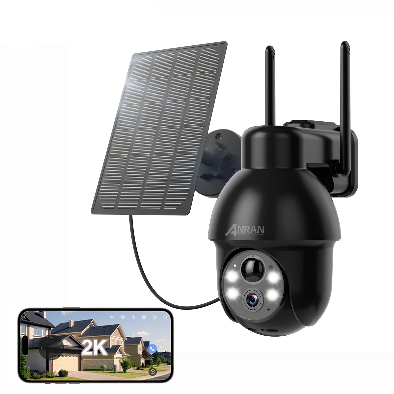 Solar-powered security camera with smartphone app interface on a white background, featuring the ANRAN brand.