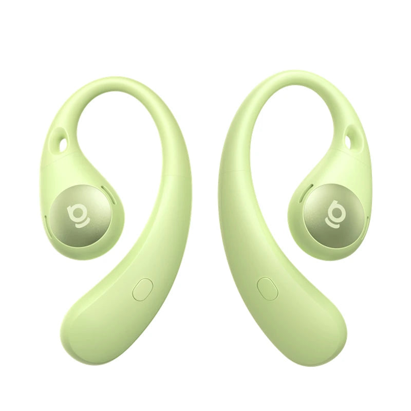 Pair of light green Bluetooth earbuds with Baseus logo on a white background