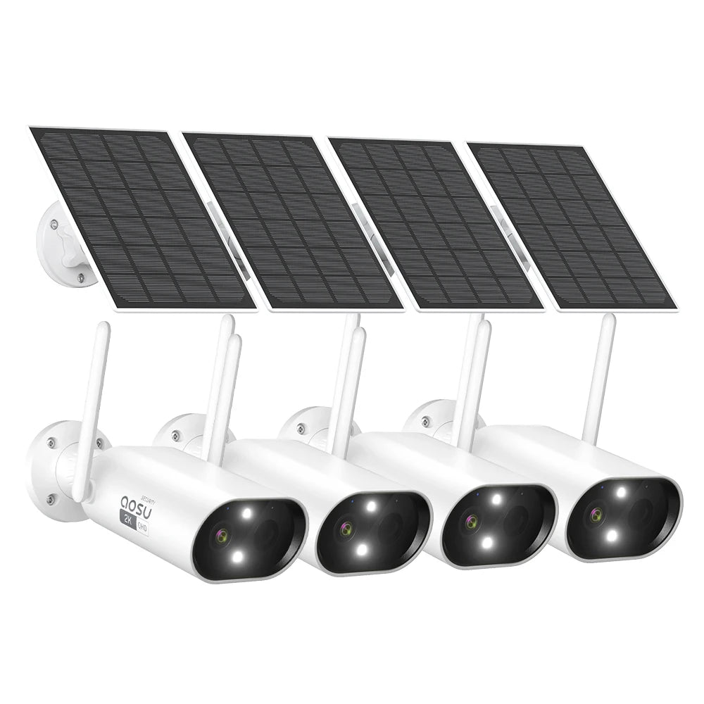 Four solar-powered security cameras with attached solar panels on a white background