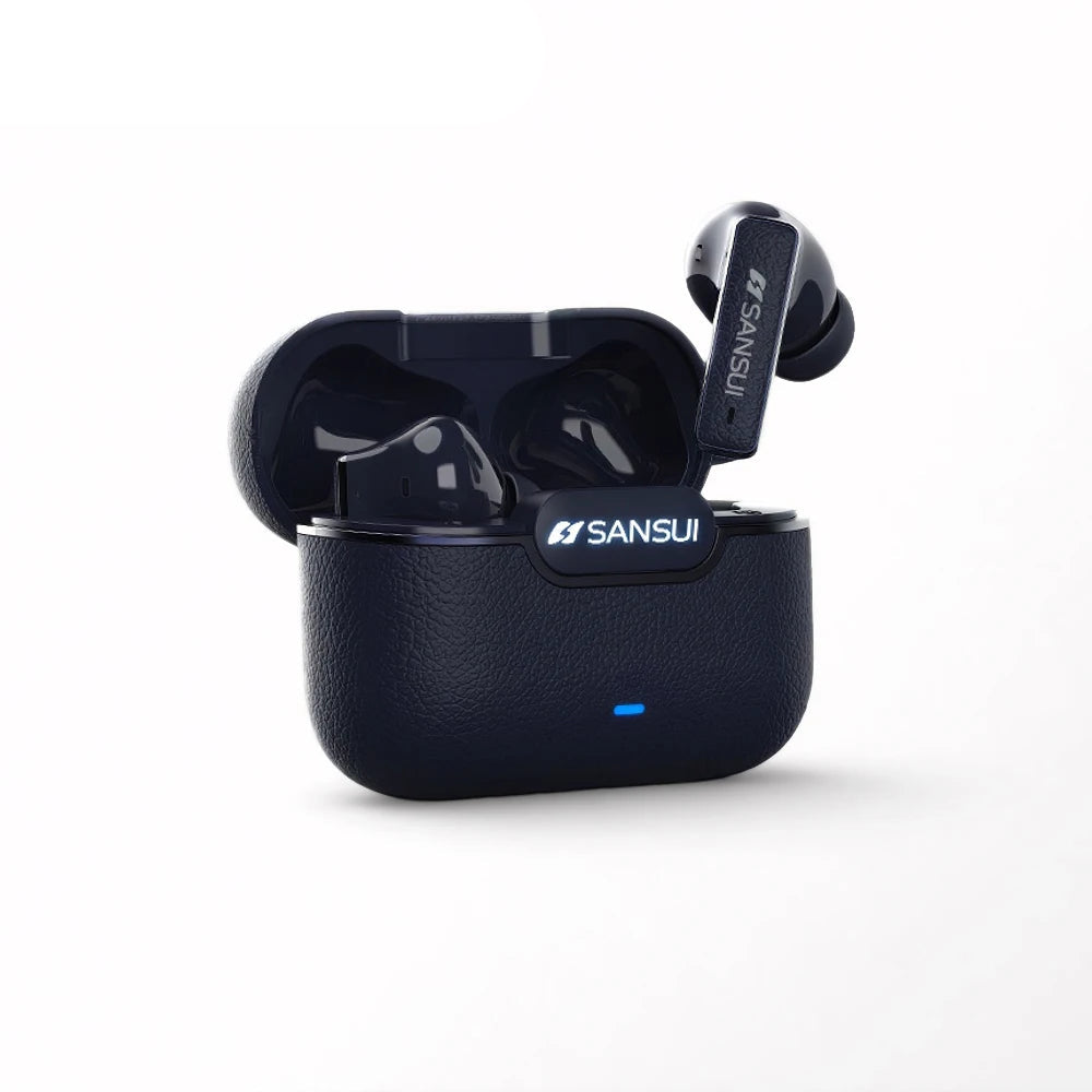 Black wireless earbuds with charging case on a white background, featuring the Sansui brand.