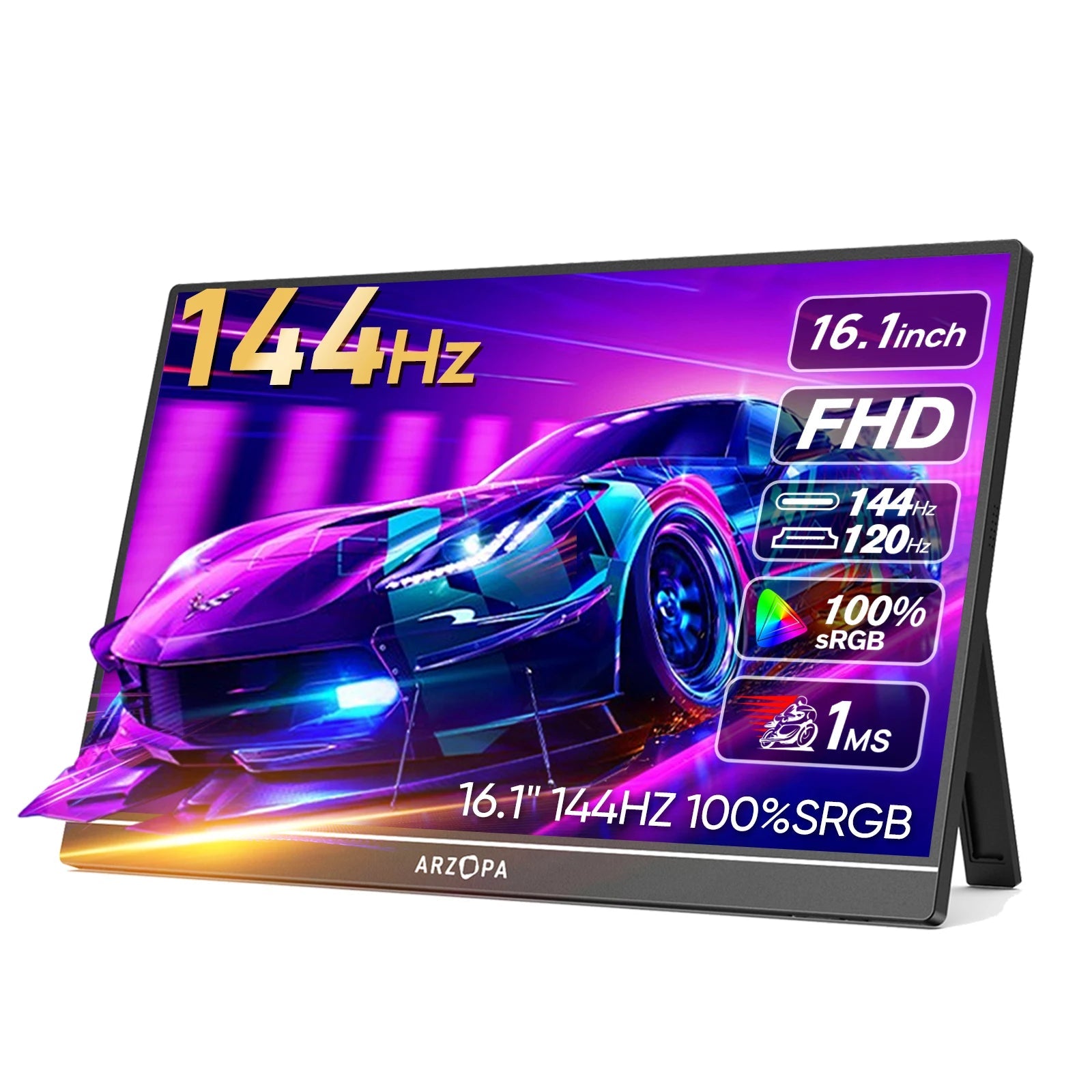 16.1-inch FHD gaming monitor with ARZOPA branding displaying a racing car on screen.