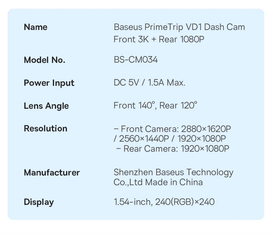 BASEUS PrimeTrip VD1 3K Front and Rear GPS Dash Cam