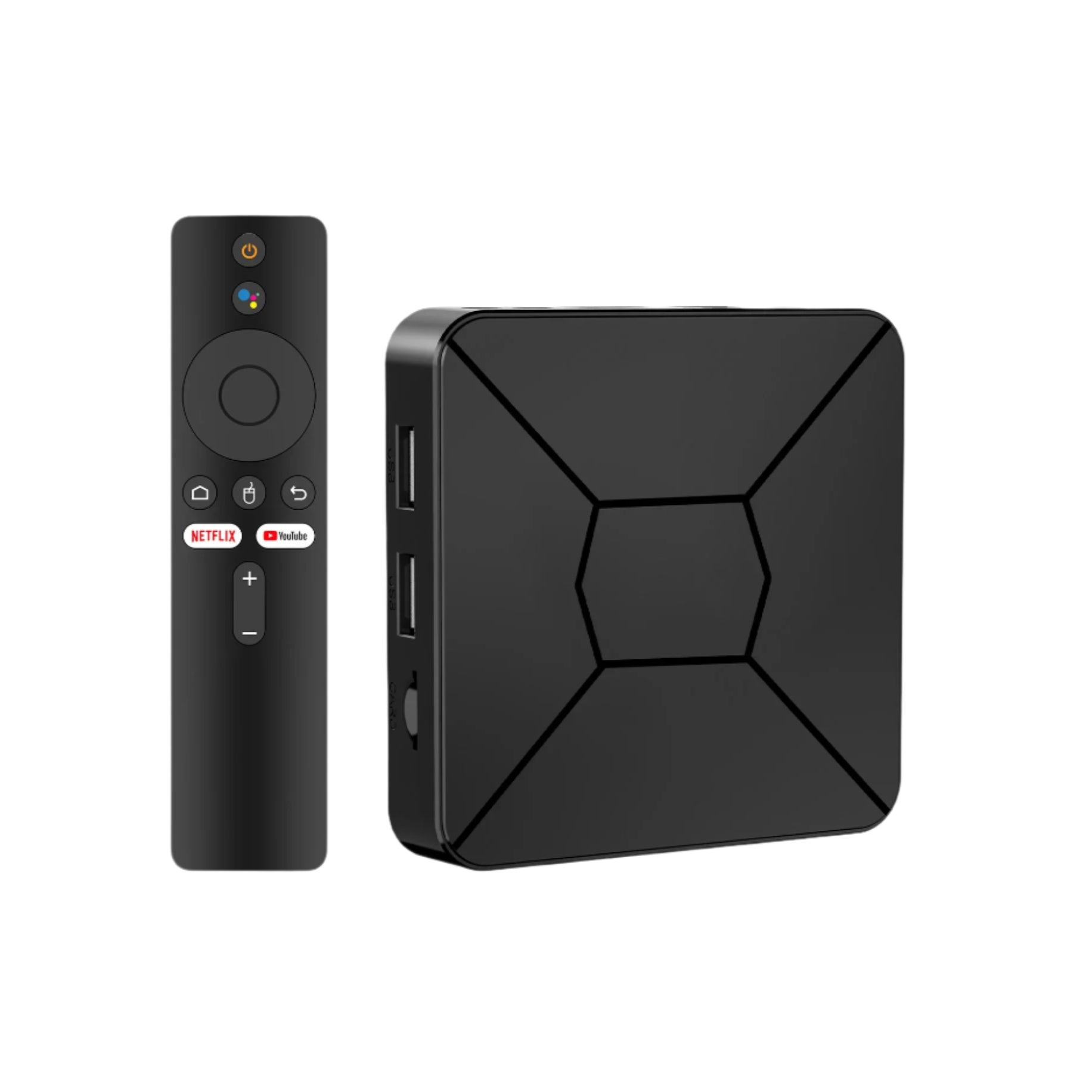 Black electronic device with remote control on a white background, featuring 2GB RAM and 16GB ROM.