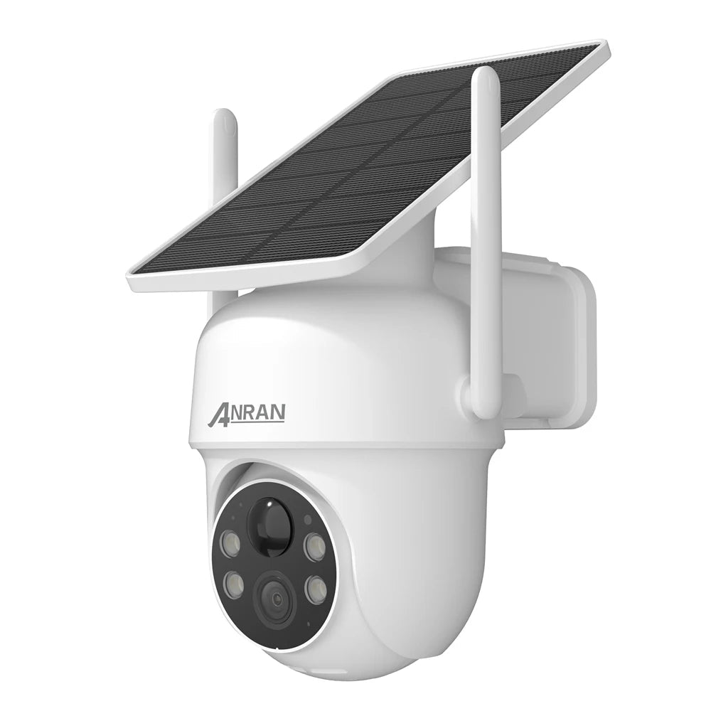 Solar-powered security camera with a visible brand logo on a white background