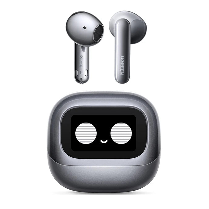 True wireless earbuds with charging case on a white background