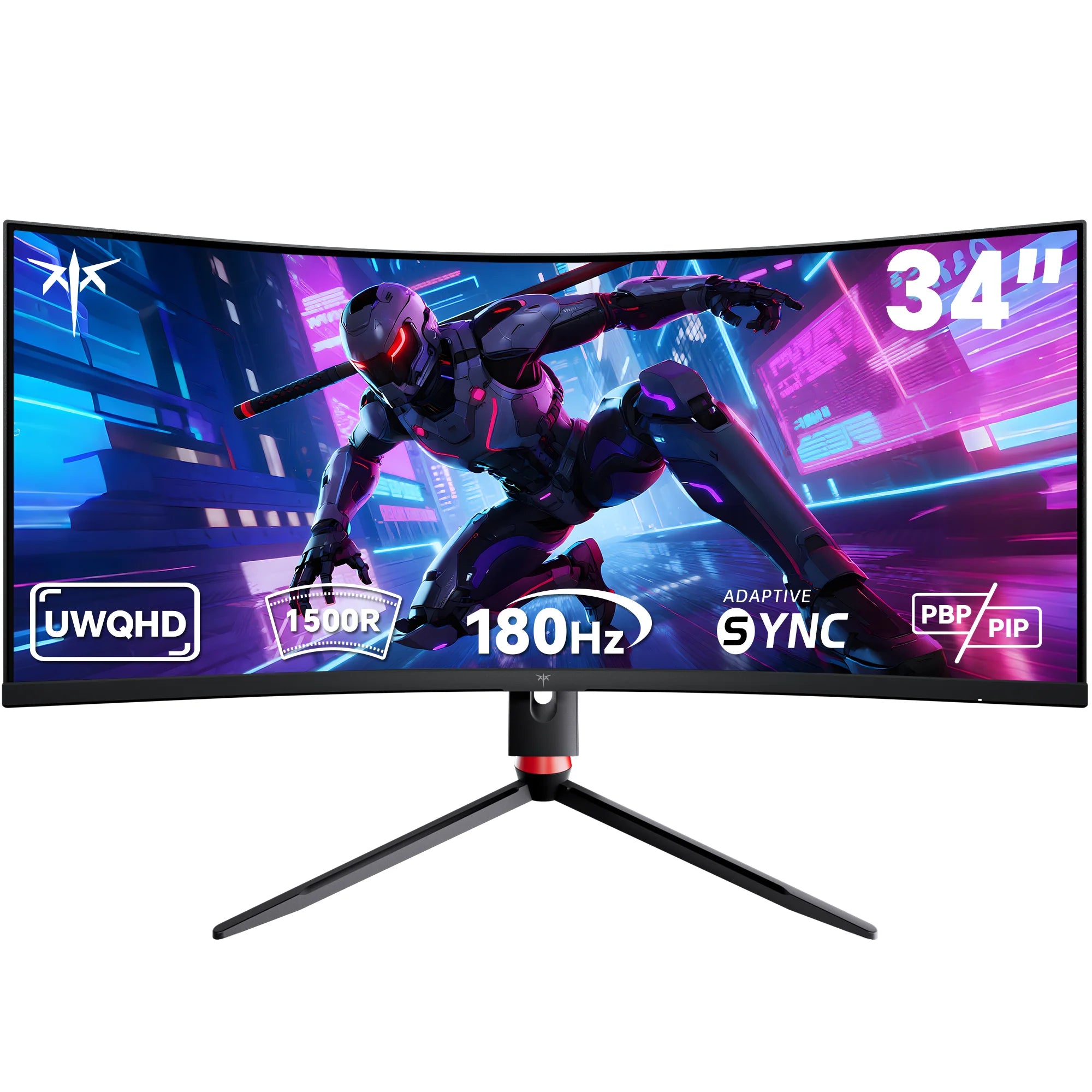 Gaming monitor with a superhero graphic on the screen, featuring UWQHD and 180Hz specifications.