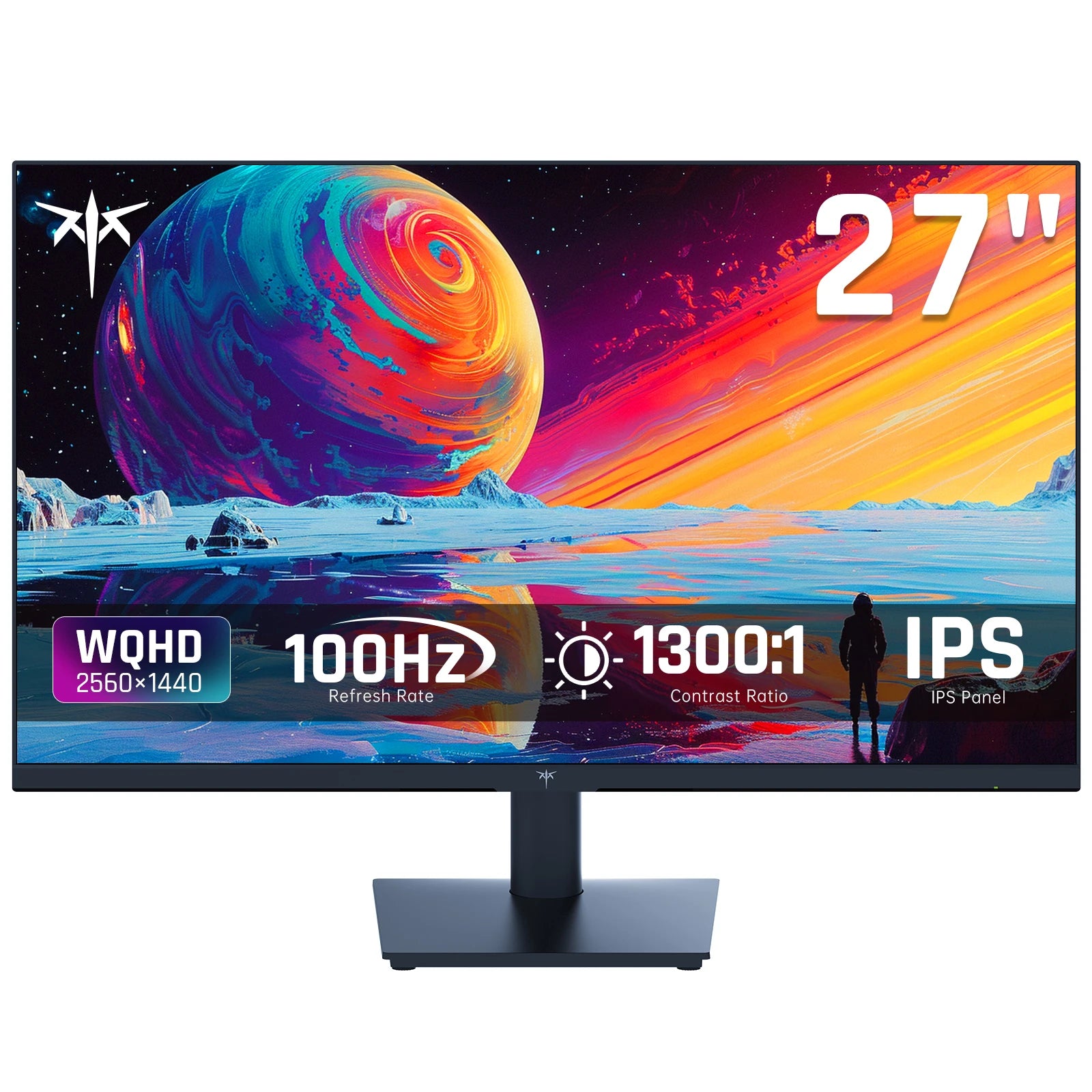 27-inch monitor with colorful display and technical specifications on a white background
