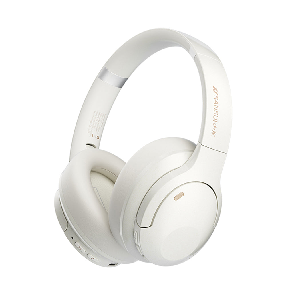 White headphones with brand logo on a white background