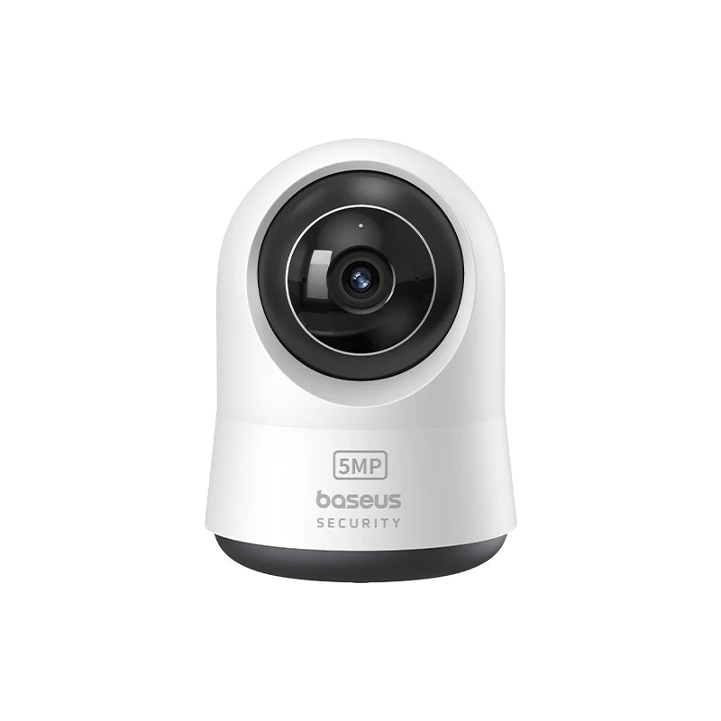 White security camera with black lens on a white background