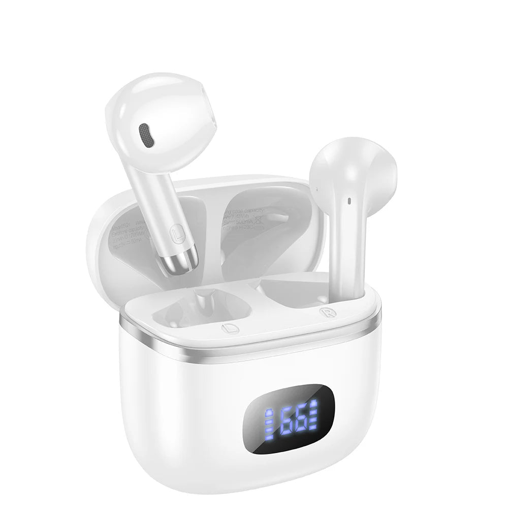 White wireless earbuds with charging case and digital display on a white background, featuring the brand 'hoco'.