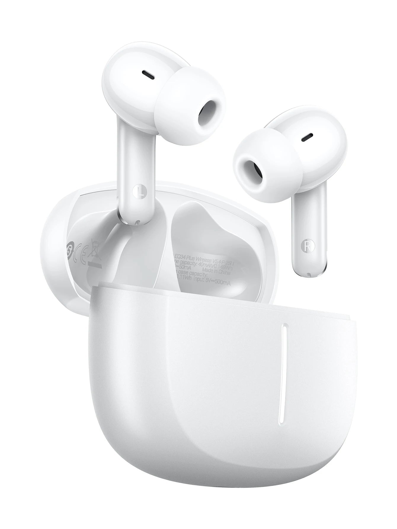 White wireless earbuds with charging case on a white background, featuring the hoco. brand.