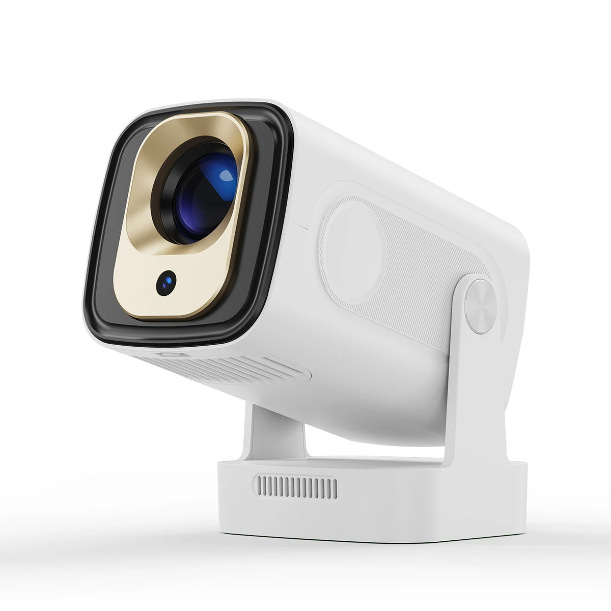 White security camera with gold lens on a white background