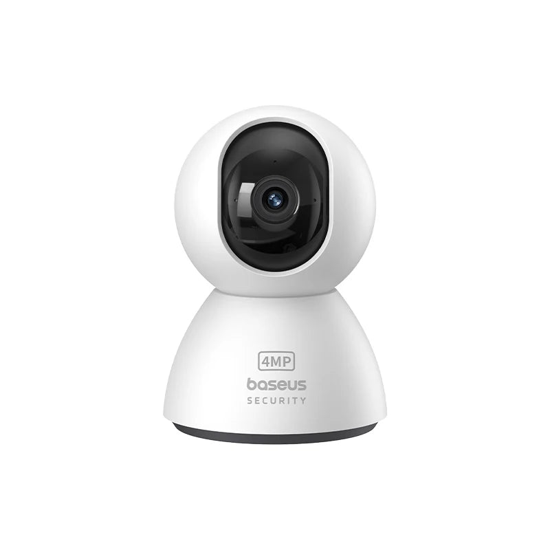 White security camera with black lens on a white background, featuring the Baseus brand.