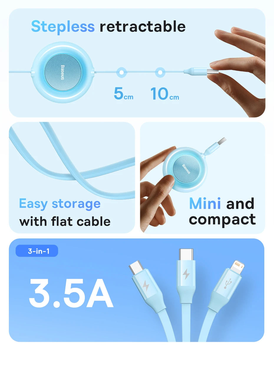 BASEUS Bright Mirror Series 3in1 Retractable USB Charging Cable
