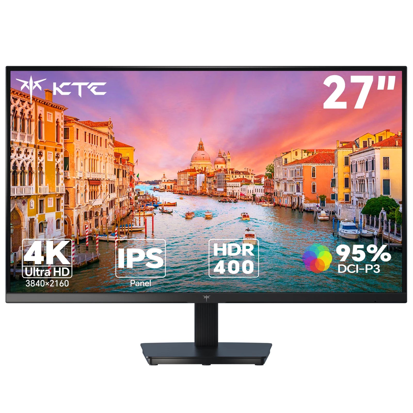 27-inch monitor displaying a scenic image with KTC branding and technical specifications.