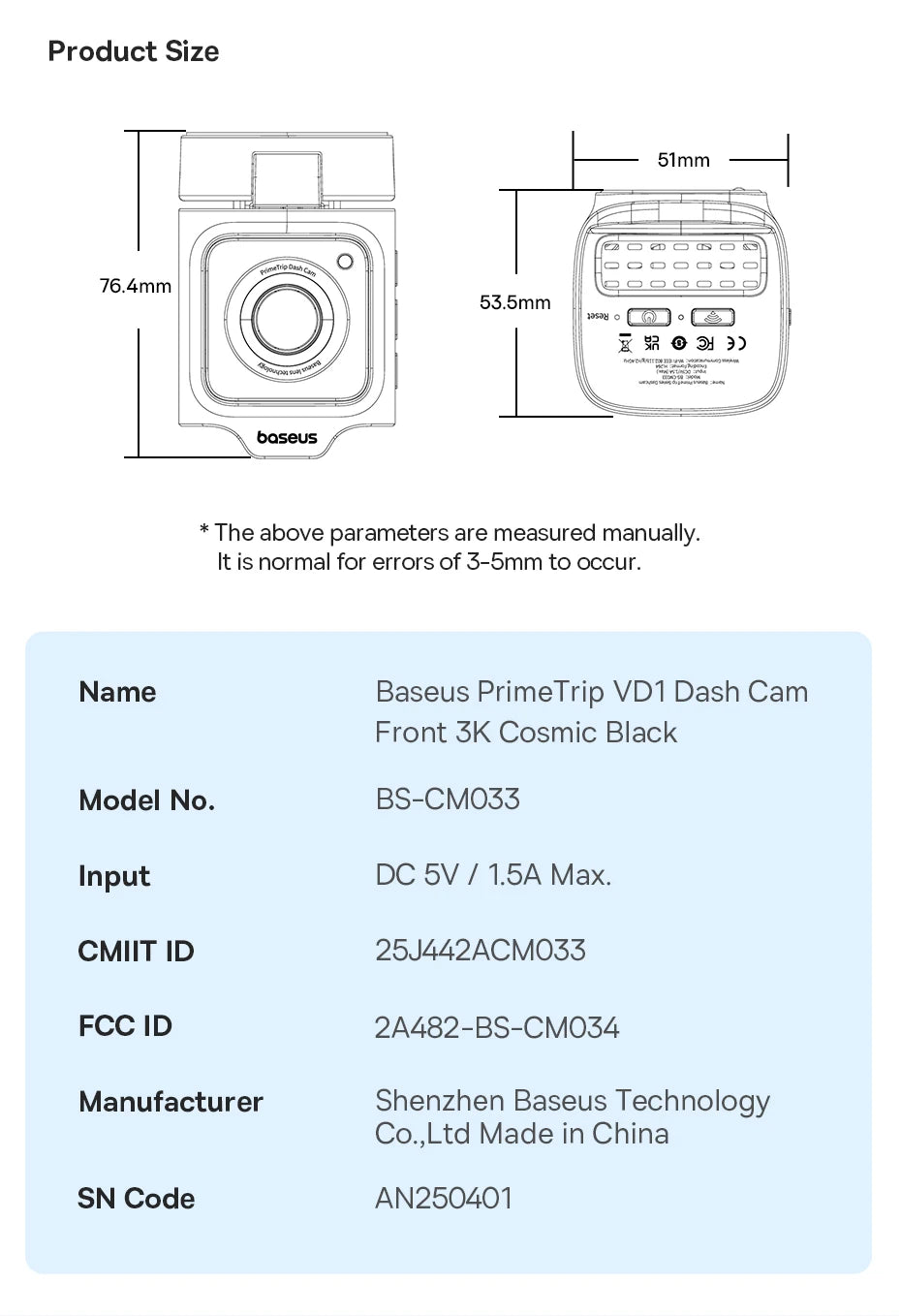 BASEUS PrimeTrip VD1 3K Front and Rear GPS Dash Cam
