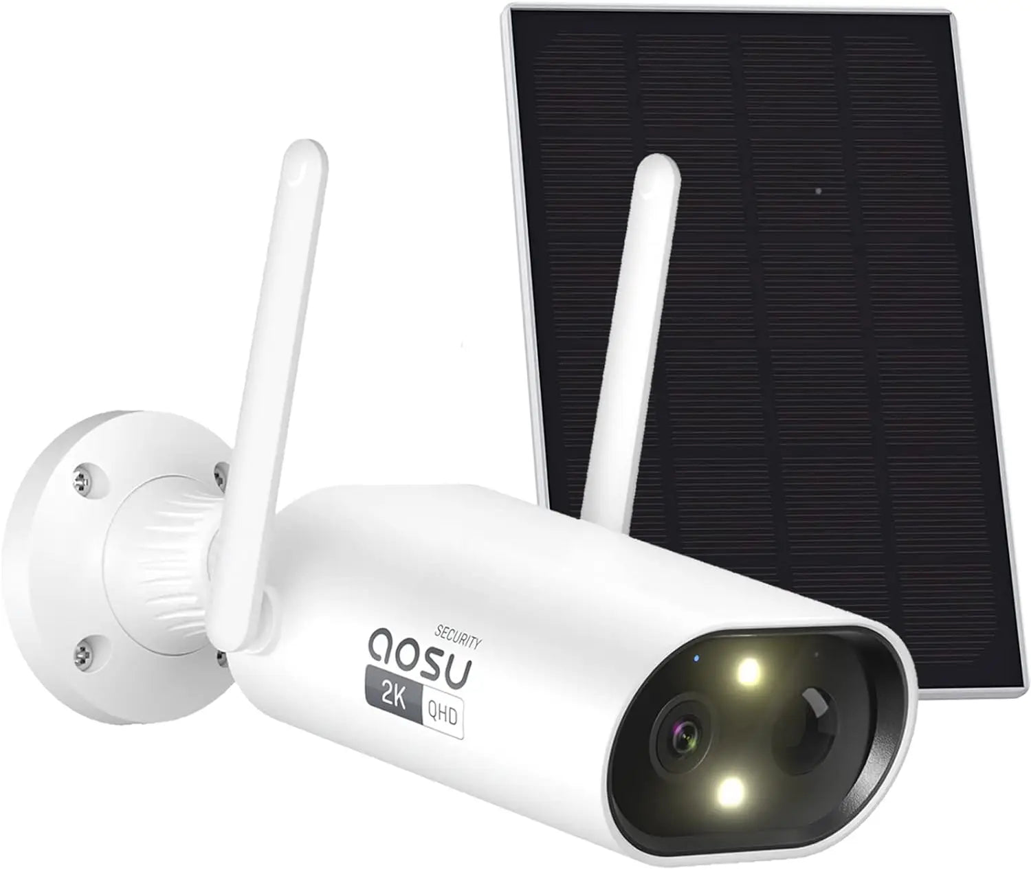 White outdoor security camera with solar panel on a white background