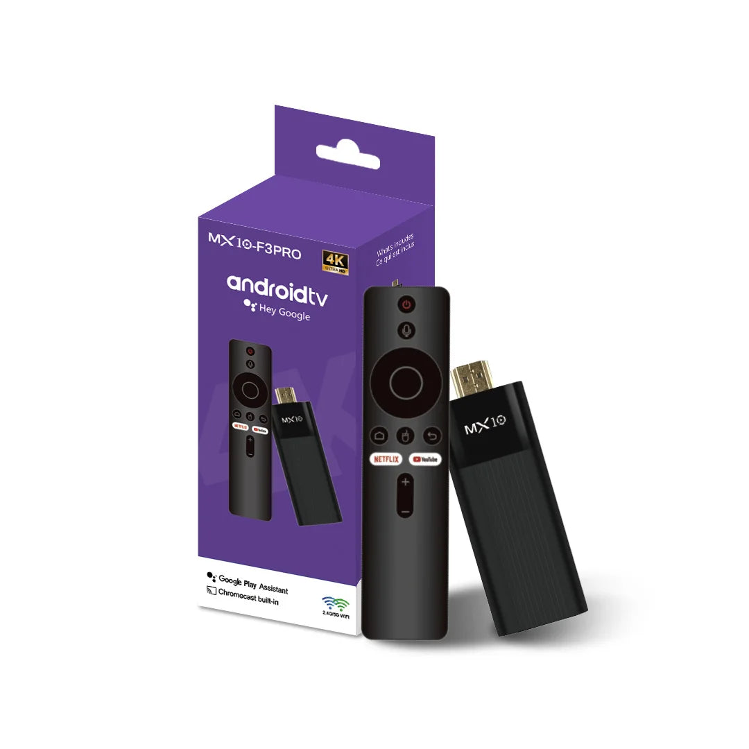 Black Android TV stick with remote and packaging on a white background