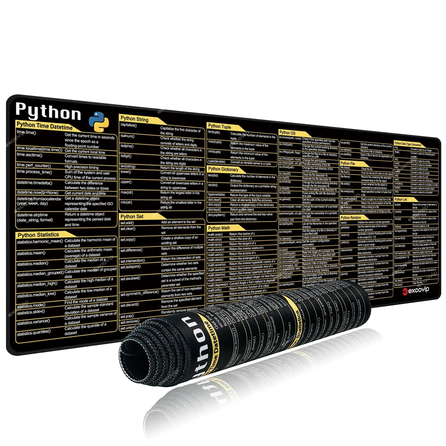 Large Python programming reference mat with rolled-up mat on a white background