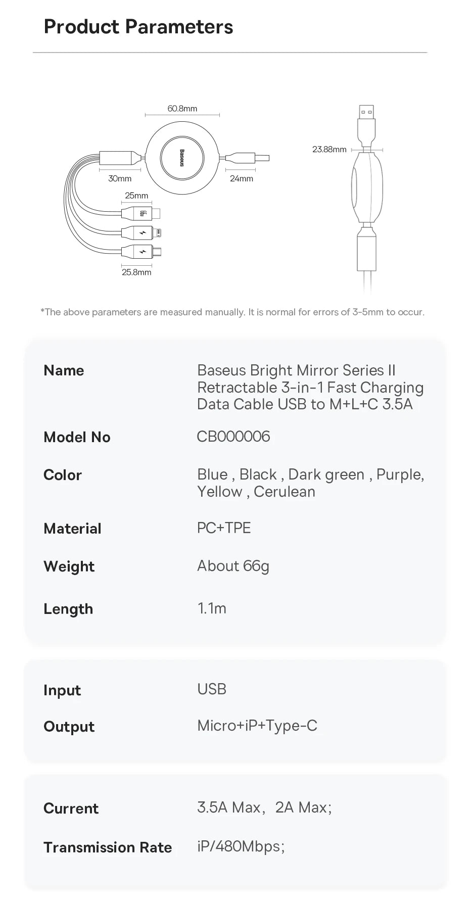 BASEUS Bright Mirror Series 3in1 Retractable USB Charging Cable