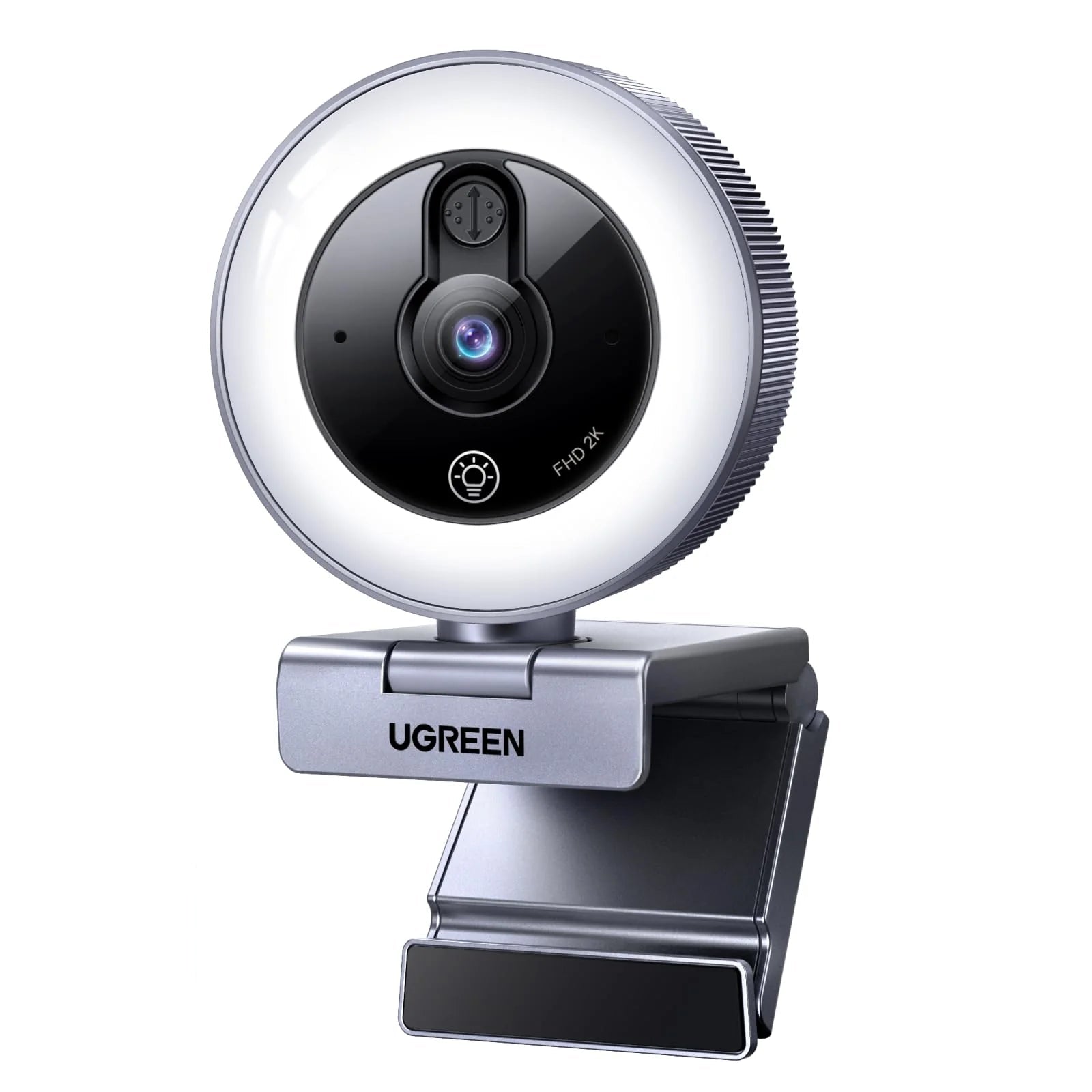 UGREEN webcam with ring light and USB adapter on a white background
