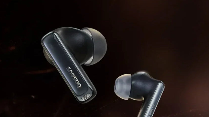 Baseus Bowie M2s Ultra True Wireless Earphones on a dark background with brand logo.