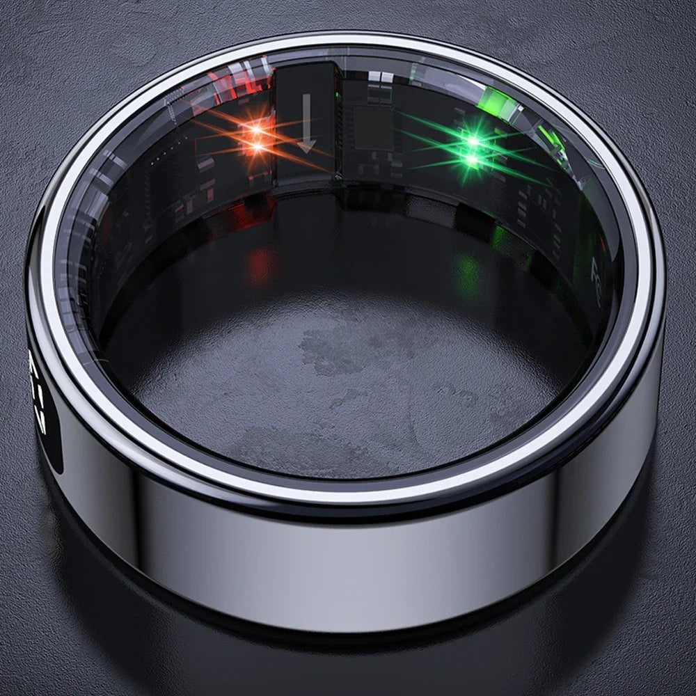 Biological sensor ring with health monitoring features on a dark background