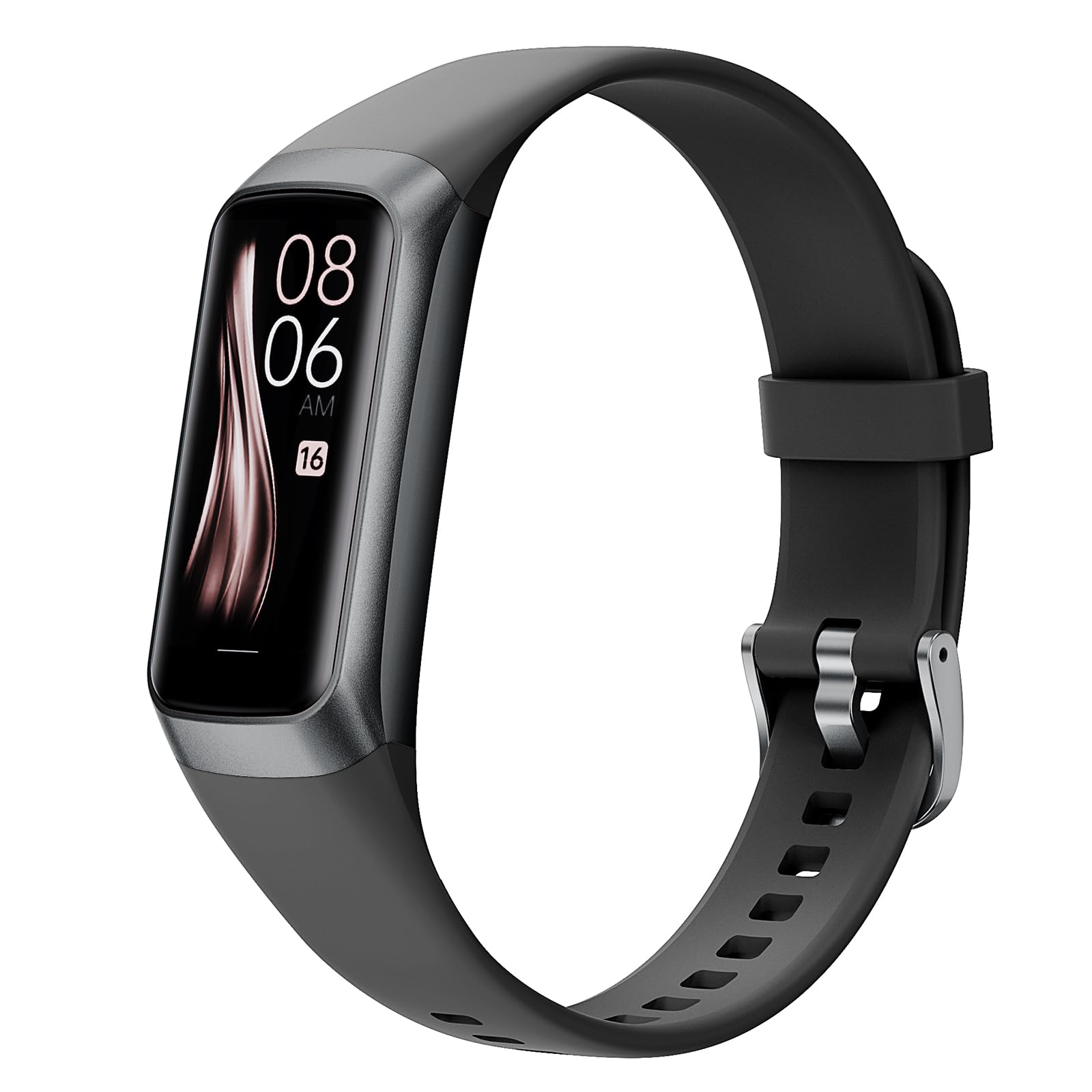 Black fitness tracker with a digital display on a white background