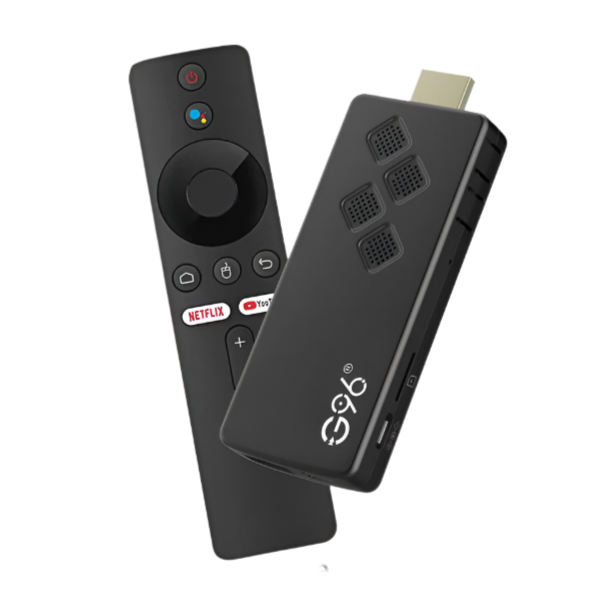 Black voice remote control with a small tv stick, featuring 2GB RAM and 8GB ROM on a white background.